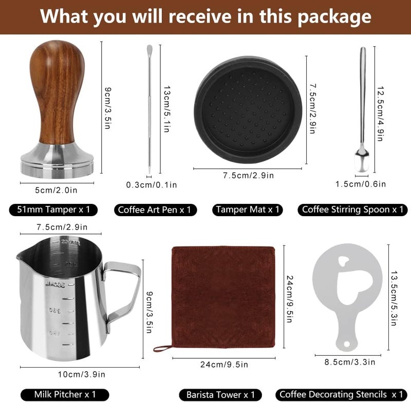 Y-Step 22 PCS Coffee Tamper Set, Espresso Accessories Kit Barista Kit, with Espresso Tamper 51mm, Frothing Pitcher, Tamper Mat, Latte Art Pen, Coffee Stirrer, Sandalwood Tamper for Espresso Machine - Image 2